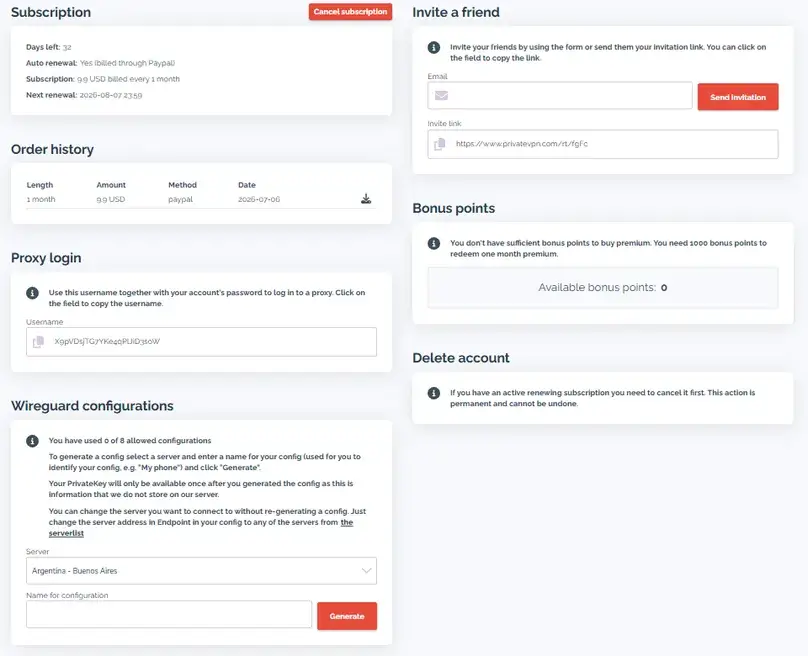 PrivateVPN account control panel reviewed during paid testing