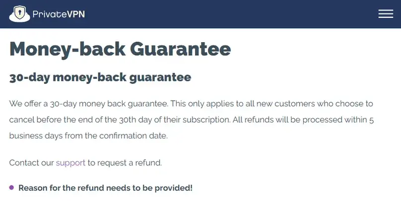PrivateVPN refund policy page reviewed during our paid review