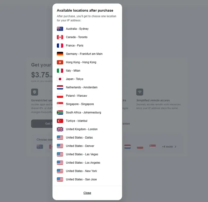 Surfshark Dedicated IP locations and price screenshot