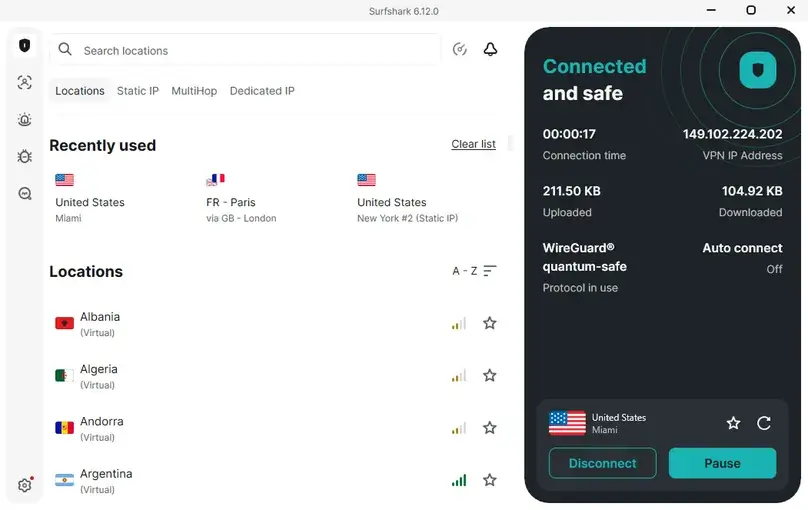 Surfshark Windows app connected to a VPN server