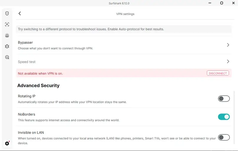 Surfshark Bypasser IP Rotator and NoBorders settings in the Windows app