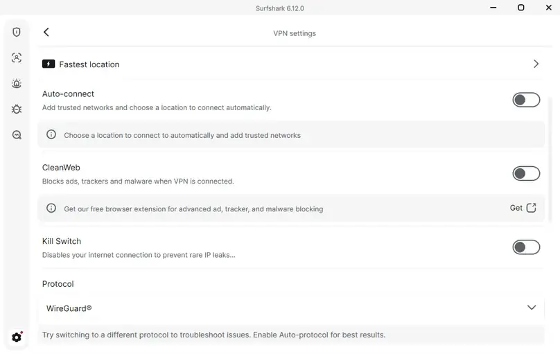 Surfshark protocol Kill Switch and CleanWeb settings in the Windows app