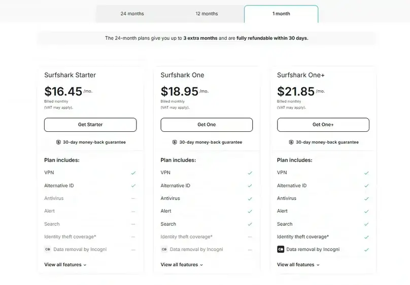 Surfshark pricing page showing Starter One and One Plus plans