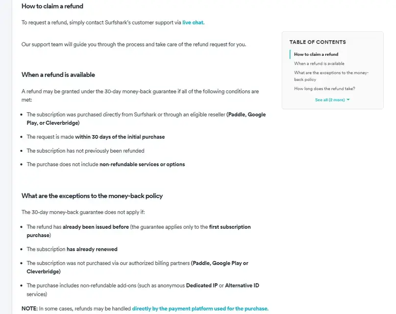 Surfshark refund policy page reviewed by ReviewsAlly