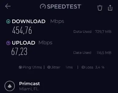 Speedtest by Ookla result from Surfshark WireGuard protocol run in Miami
