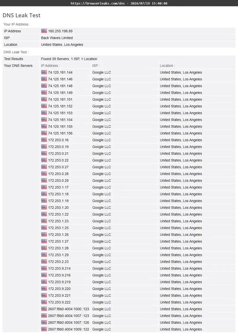 Turbo VPN DNS leak test showing VPN DNS resolvers