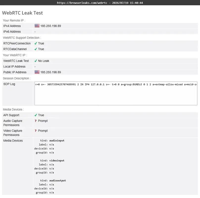 Turbo VPN WebRTC leak test showing the VPN public IP