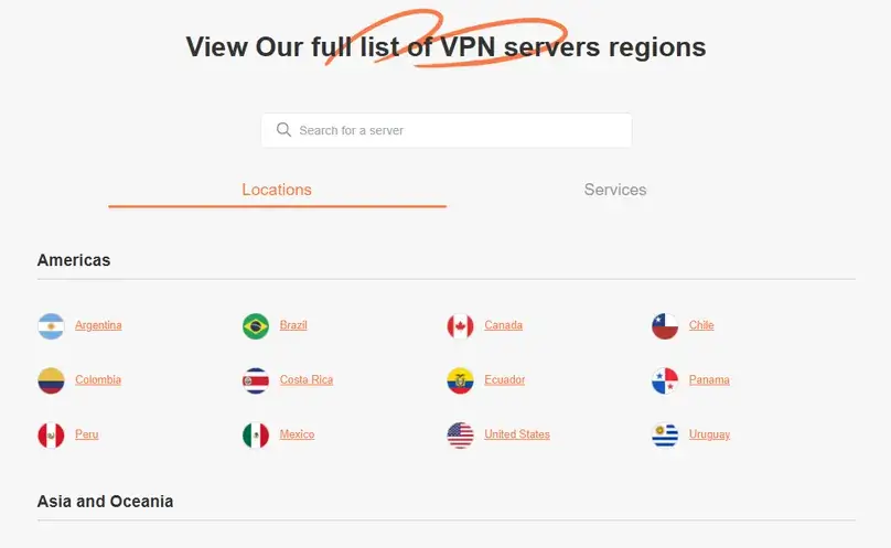 Turbo VPN country and city server list in the Windows app