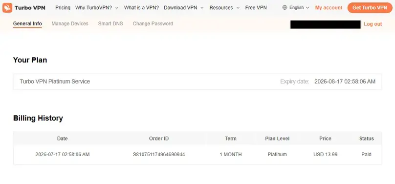 Turbo VPN account dashboard with subscription and device information