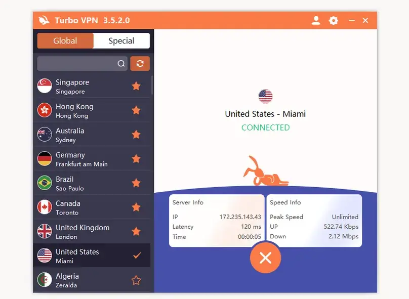Turbo VPN Windows app connected dashboard