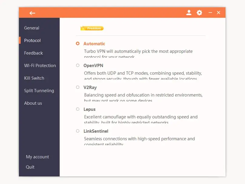 Turbo VPN Windows protocol settings showing Automatic OpenVPN V2Ray Lepus and LinkSentinel