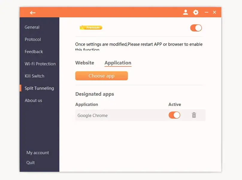 Turbo VPN split tunneling settings for applications and websites
