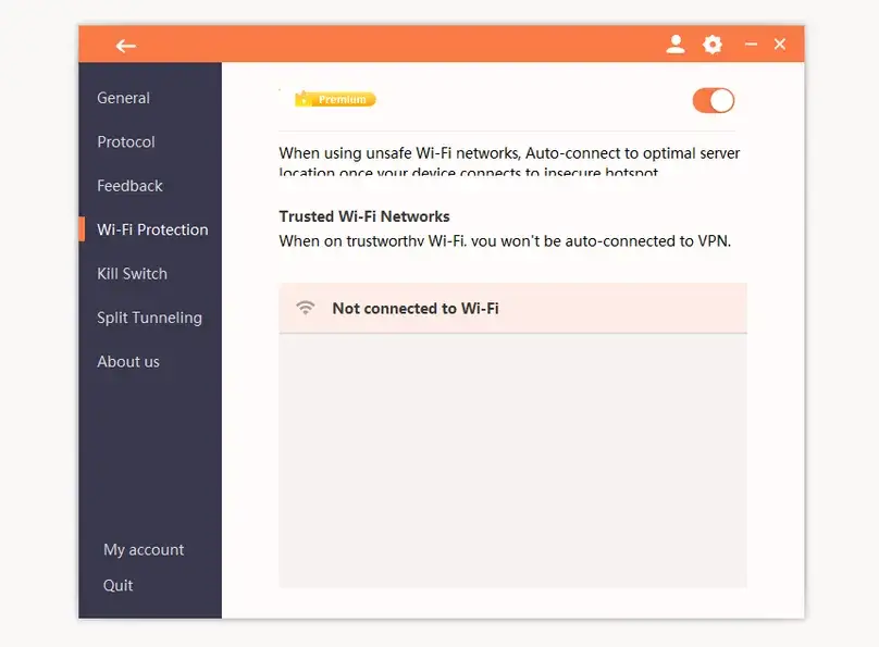 Turbo VPN Wi-Fi Protection settings in the Windows app