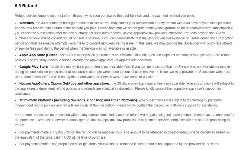 Turbo VPN refund policy page showing the money-back conditions
