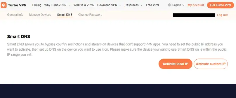 Turbo VPN Smart DNS tab in the account dashboard