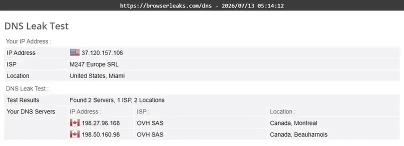 BrowserLeaks DNS result while connected to VPN.ac