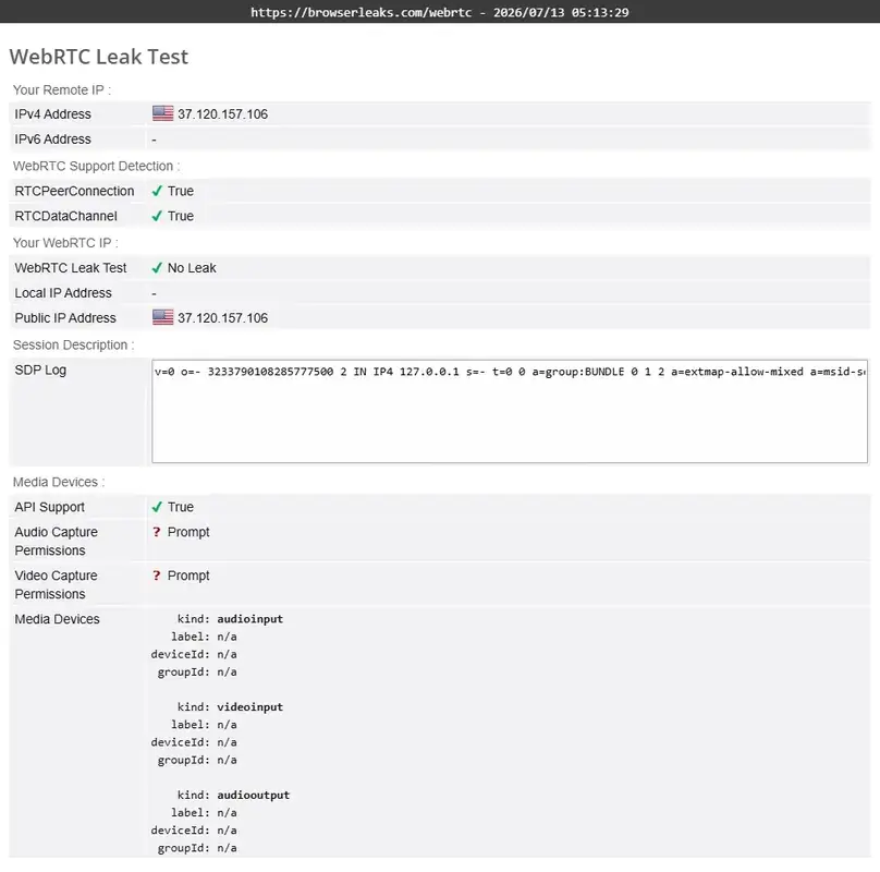 BrowserLeaks WebRTC result while connected to VPN.ac