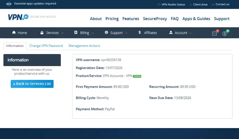 VPN.ac account area showing subscription information after purchase