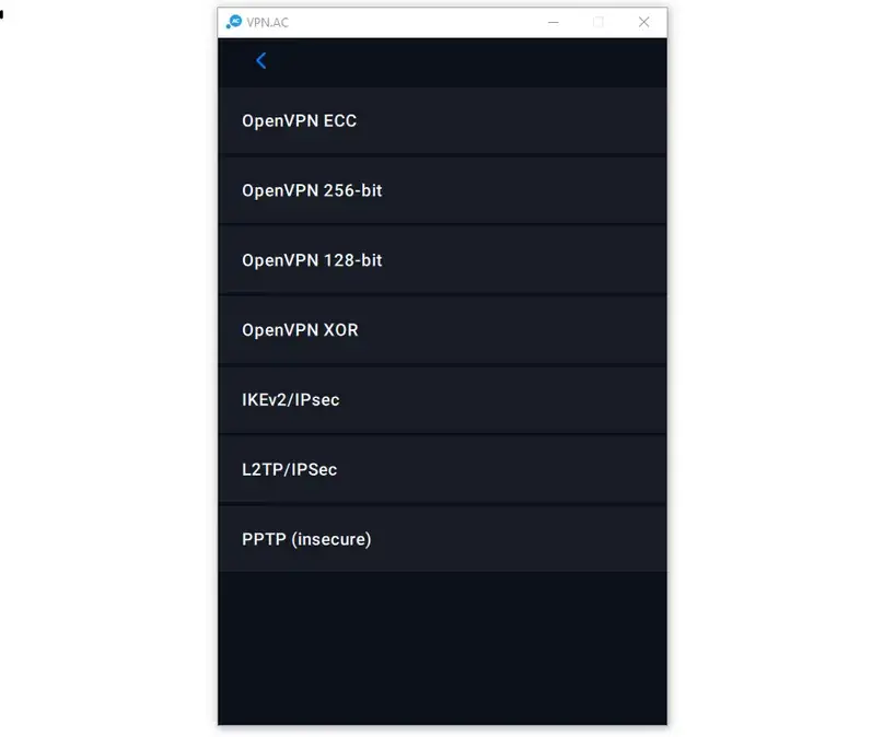 VPN.ac advanced protocol controls in the Windows app
