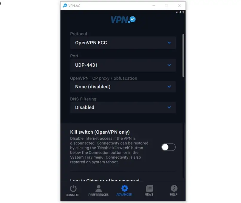 VPN.ac Windows app kill switch setting in the Advanced tab