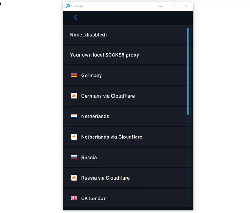 VPN.ac OpenVPN proxy and obfuscation options in the Windows app