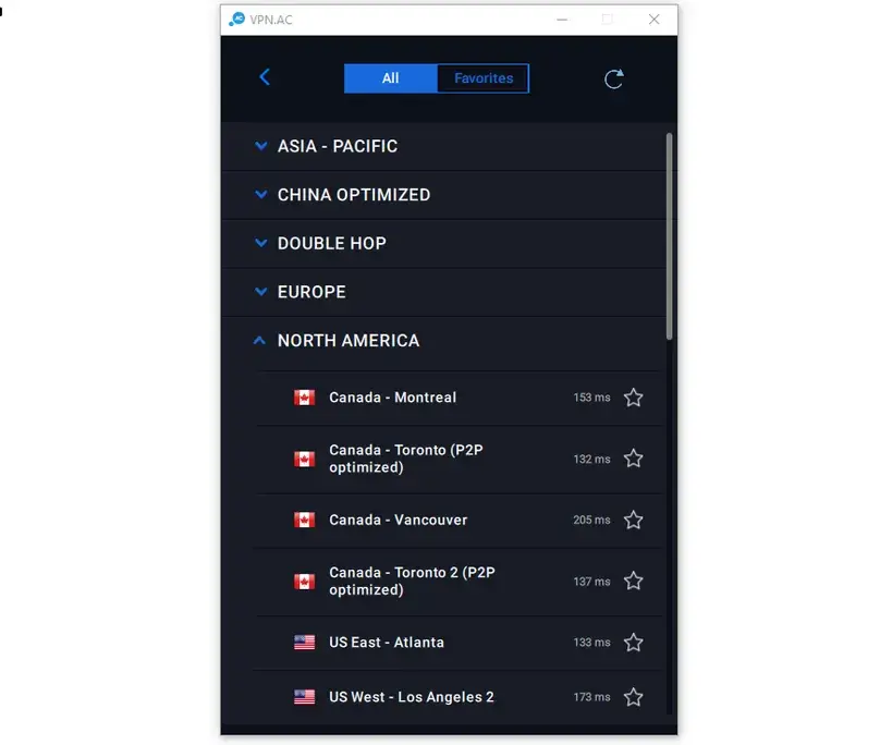 VPN.ac Windows app server and country list