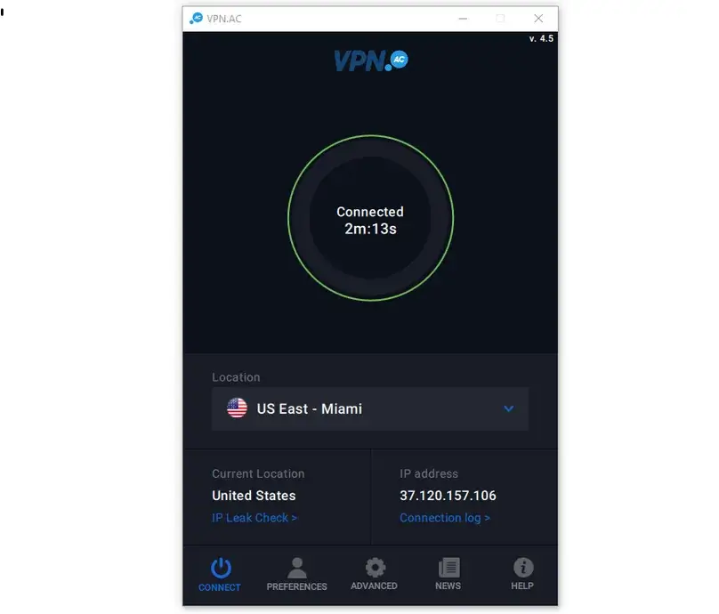 VPN.ac Windows app connected to a Miami VPN server