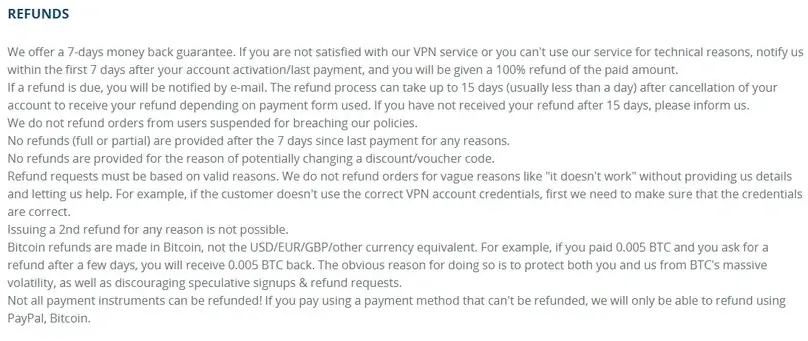 VPN.ac refund policy page showing the seven-day refund conditions