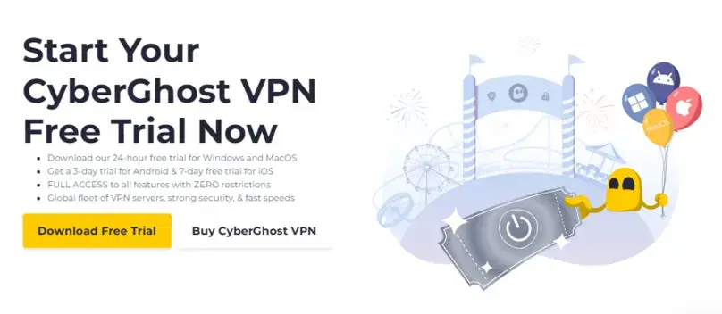 CyberGhost page listing a 24-hour desktop trial and longer Android and iOS store trials