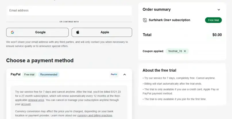 Surfshark One+ checkout showing $0 today and a future full-plan charge after the trial
