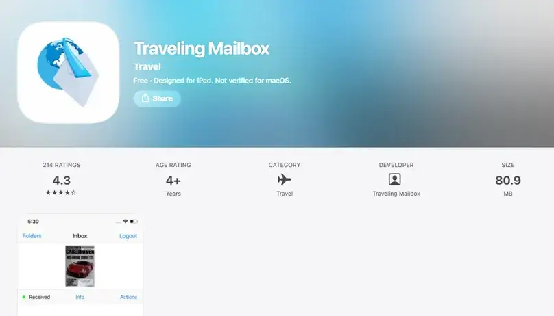 Traveling Mailbox Apple App Store listing showing the developer and 80.9 MB app size