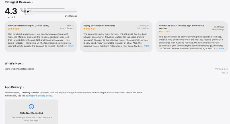 Traveling Mailbox Apple App Store page showing ratings, reviews, and the app privacy label