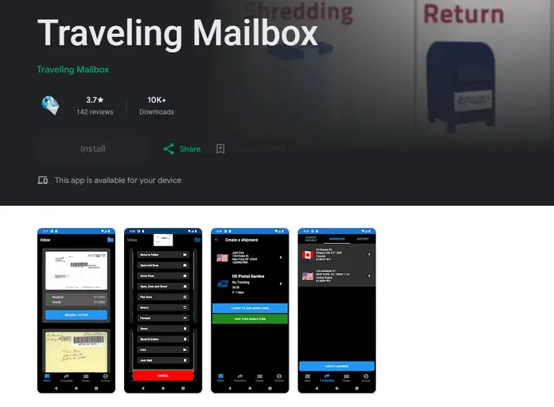 Traveling Mailbox Google Play listing showing the app identity and Android interface screenshots