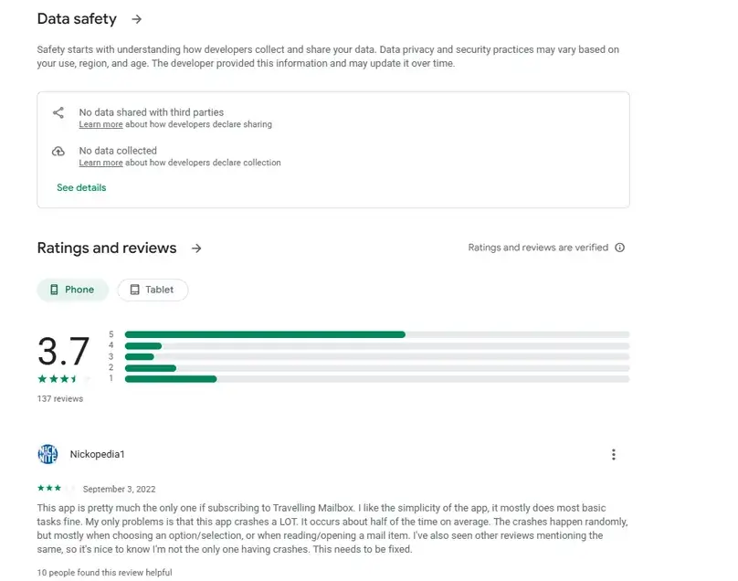 Traveling Mailbox Google Play page showing ratings, reviews, and data-safety declarations