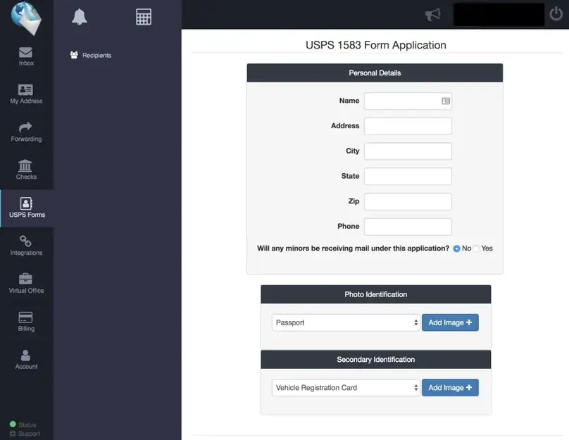 Traveling Mailbox provider screenshot showing a blank USPS Form 1583 application screen