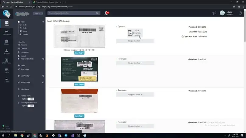Traveling Mailbox provider screenshot showing an opened mail item inside the inbox