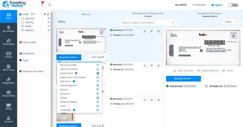 Traveling Mailbox provider screenshot showing the account inbox and mail-action menu