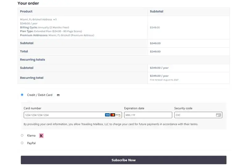 Traveling Mailbox checkout showing the Miami Brickell Extended annual plan at $349