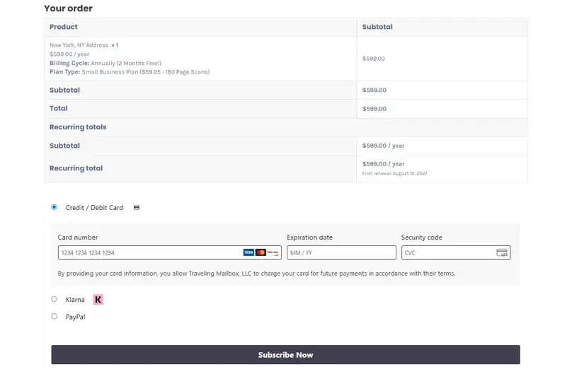 Traveling Mailbox checkout showing the New York Small Business annual plan at $599