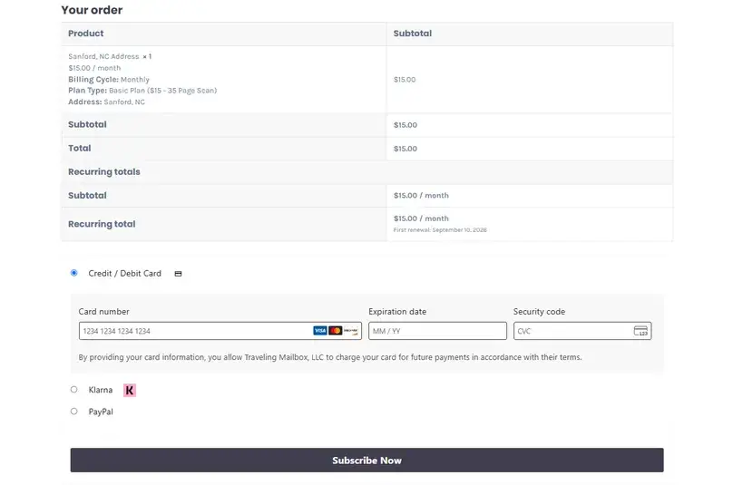 Traveling Mailbox checkout showing the Sanford Basic monthly plan at $15