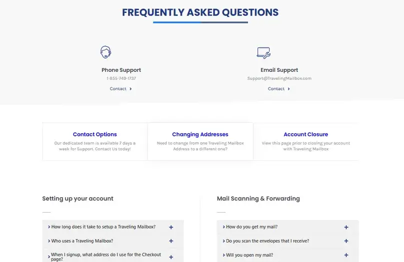 Traveling Mailbox FAQ page showing phone, email, and support topic options