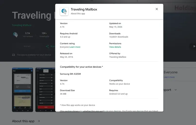 Google Play details showing Traveling Mailbox version 4.74, Android 5.0 requirement, and 36 MB size
