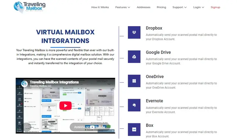 Traveling Mailbox integrations page listing Dropbox, Google Drive, OneDrive, Evernote, and Box