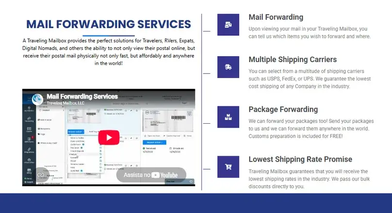 Traveling Mailbox mail forwarding services page describing carriers and package forwarding