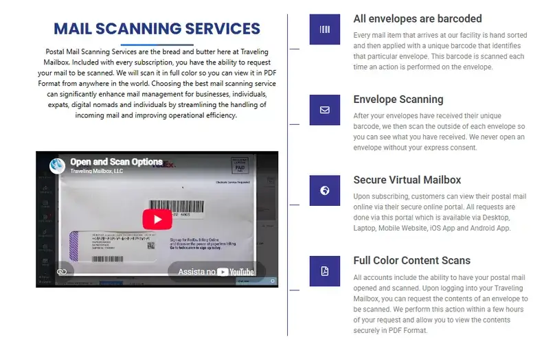 Traveling Mailbox mail scanning services page describing barcode and envelope scanning