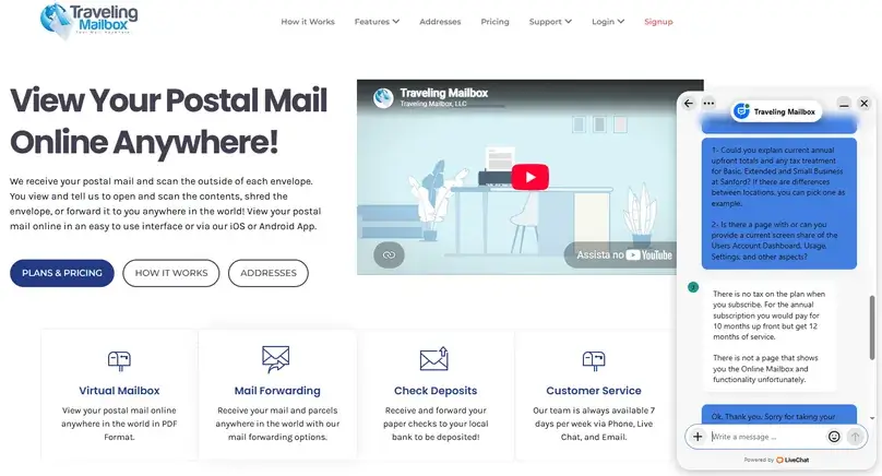 Traveling Mailbox website with the live-chat support panel open during research