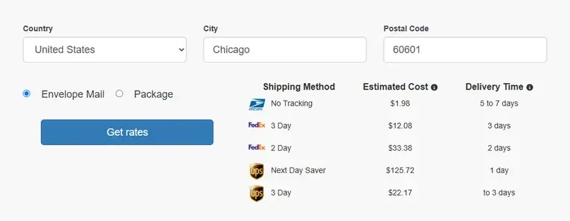 Traveling Mailbox shipping calculator envelope-mail quotes to Chicago ZIP 60601