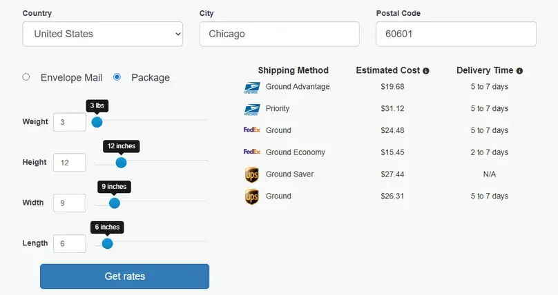 Traveling Mailbox shipping calculator quotes for one 3-pound package to Chicago